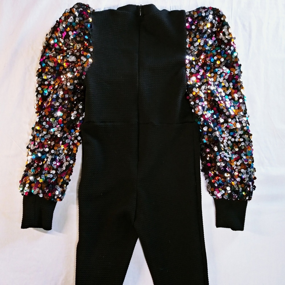 Kids Black Sequin Sleeve Jumpsuit Puffer Sleeve Glitter Party Outfit Size 5 5T‎ - Picture 4 of 7